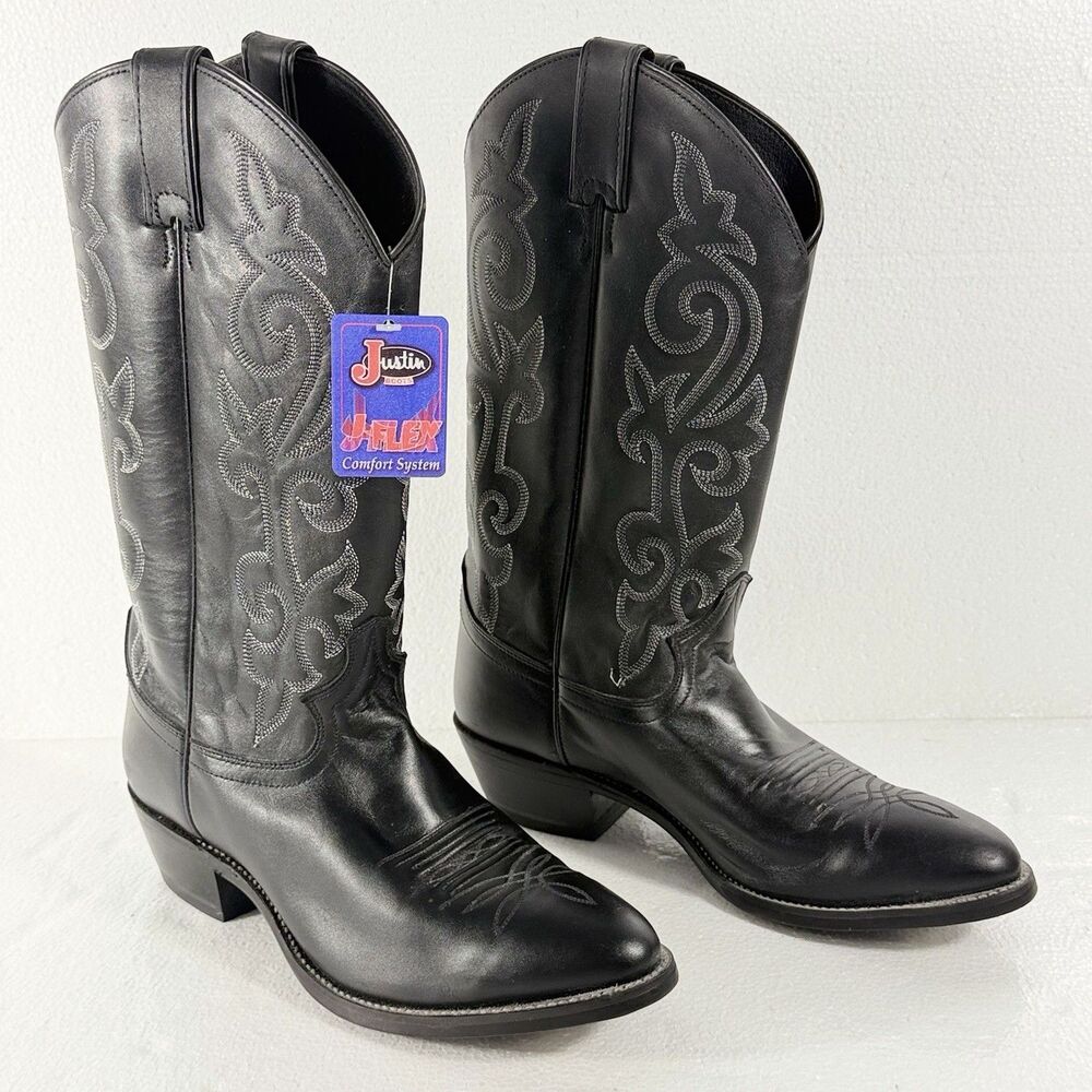 Justin 1409 Black Leather Cowboy Boots Mens Size 7.5 EE J-Flex Western Round Toe
